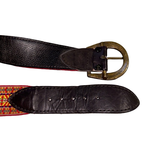 Vintage 70’s Woven Guitar Strap Leather Belt Brass Buckle Embroidered - Picture 4 of 6